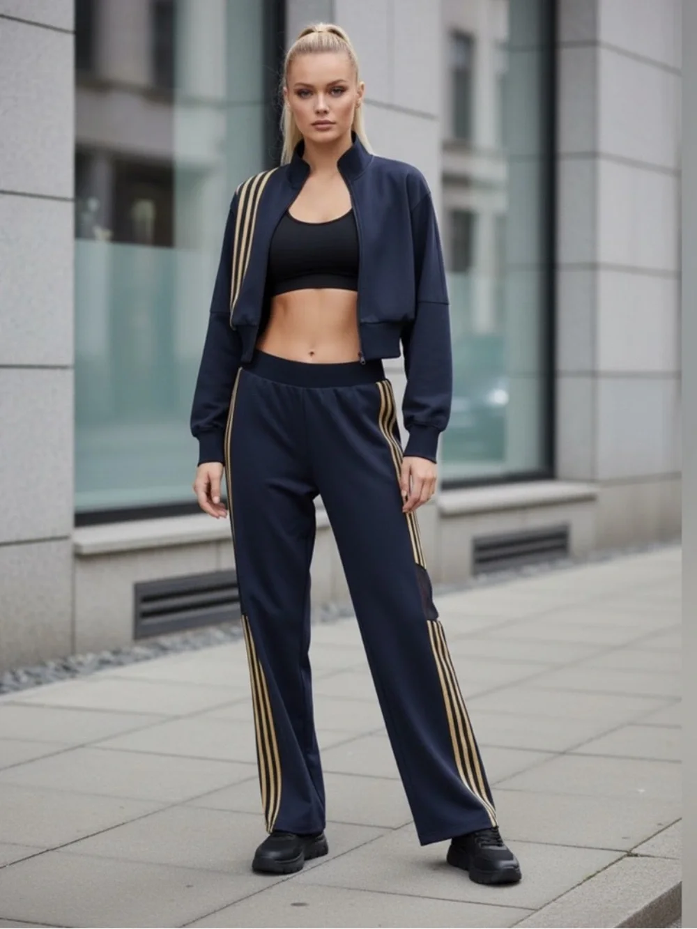 Women's Navy Track Pants with Gold Stripes